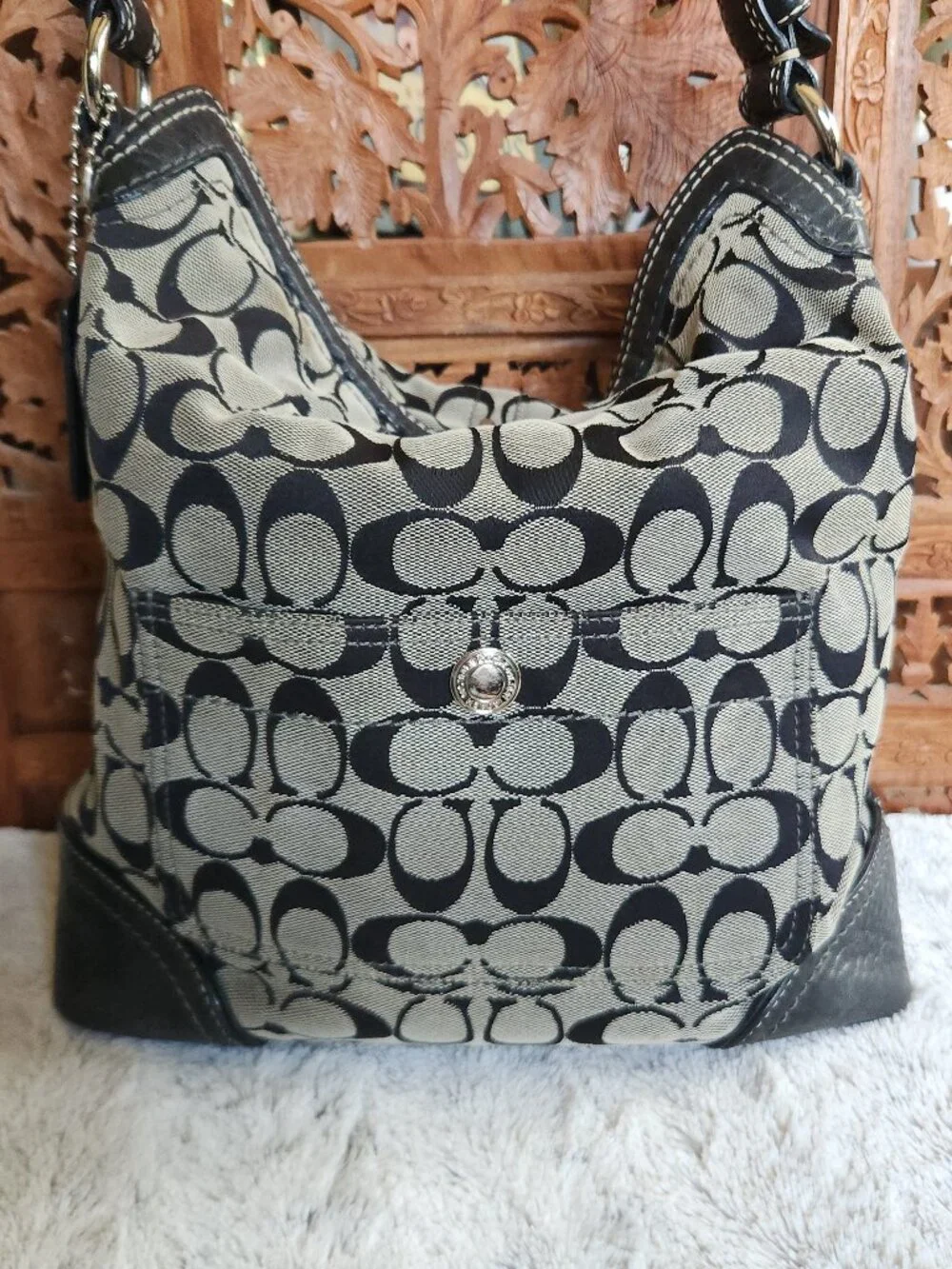 Coach Legacy Chelsea Hobo in Black/Gray Canvas with Creme Top Stitching 10982